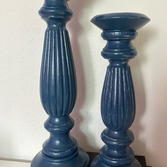 2 Blue Wooden Hand Painted Candle Holder Set Home Decor Rustic Modern Custom Mad - Picture 13 of 13